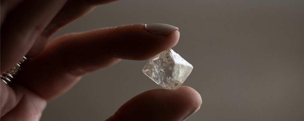 Polished diamond in tweezers at Almod Diamonds' cutting and polishing factory, Yellowknife, Canada